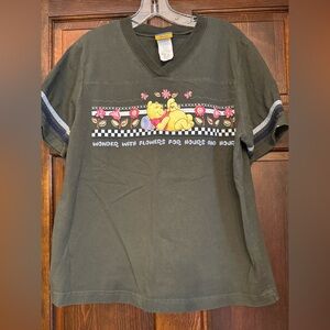 Vintage Y2K Winnie The Pooh Bear Green Short Sleeve V Neck Shirt Size 1x Floral